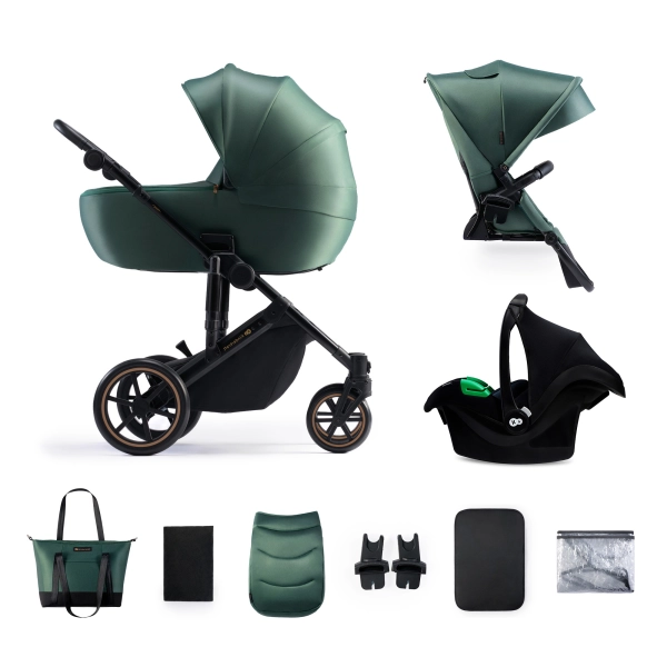 Poussette Kinderkraft Prime 2 + Nacelle + Coque Auto Mink Pro - Dark Green