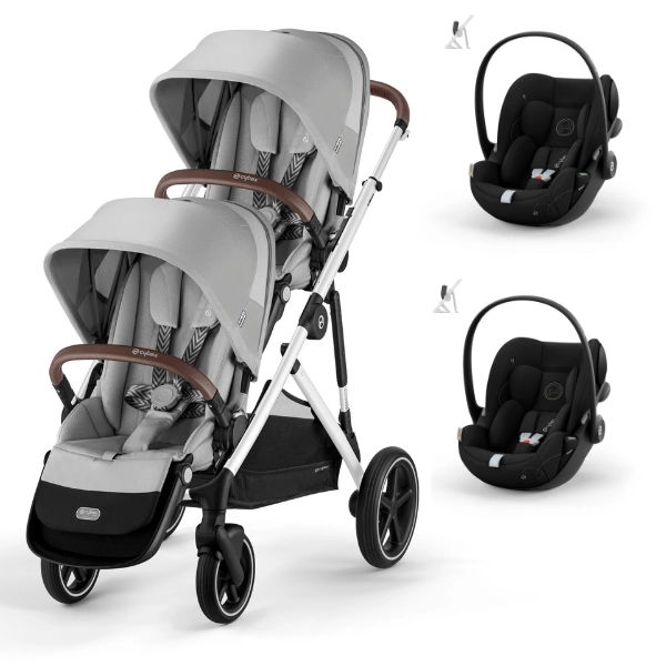 Poussette Double Cybex Gazelle S - Châssis Silver/ Assises Lava Grey + Coques Auto Cloud G i-Size - Moon Black