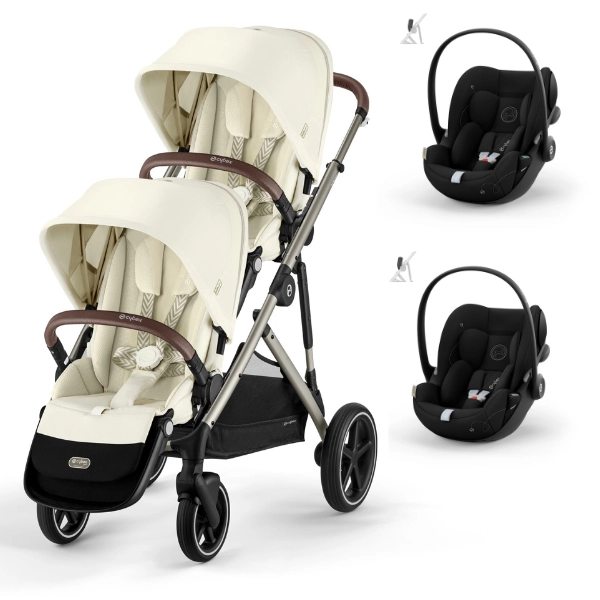 Poussette Double Cybex Gazelle S - Châssis Taupe/ Assises Seashell Beige + Coques Auto Cloud G i-Size - Moon Black