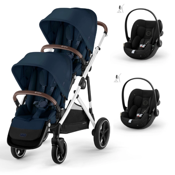 Poussette Double Cybex Gazelle S - Châssis Silver/ Assises Ocean Blue + Coques Auto Cloud G i-Size - Moon Black