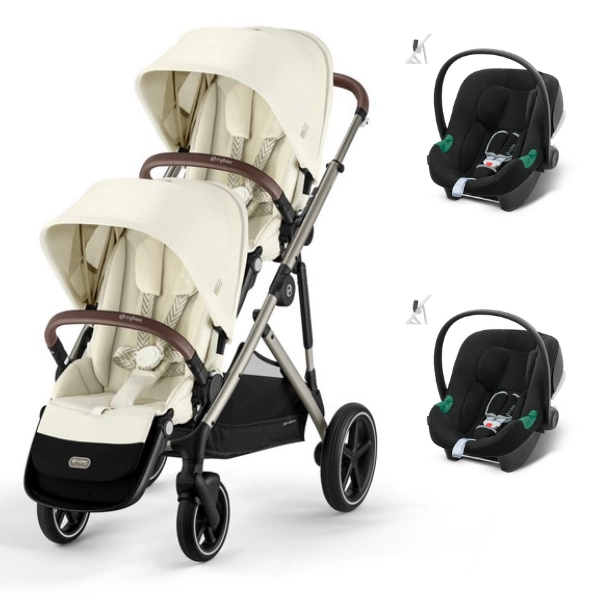 Poussette Double Cybex Gazelle S - Châssis Taupe/ Assises Seashell Beige + Coques Auto Aton B2 - Volcano Black