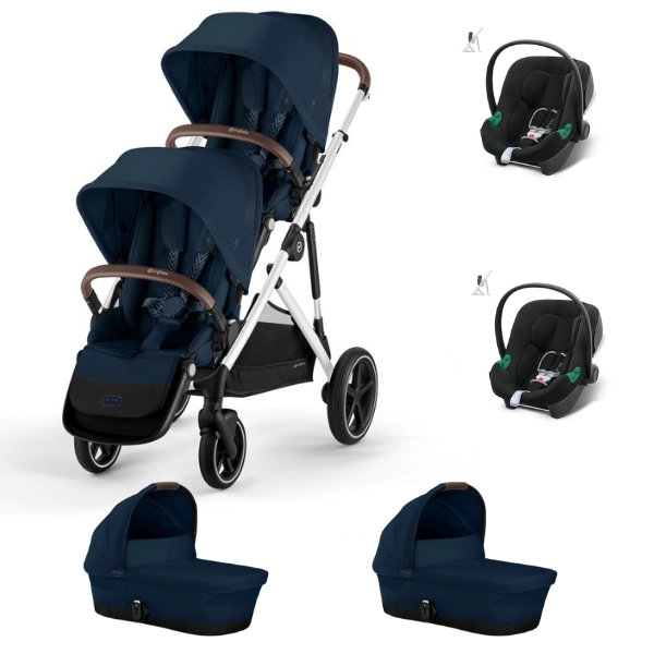 Poussette Double Cybex Gazelle S - Châssis Taupe + Nacelles - Ocean Blue + Coques Auto Aton B2 - Volcano Black