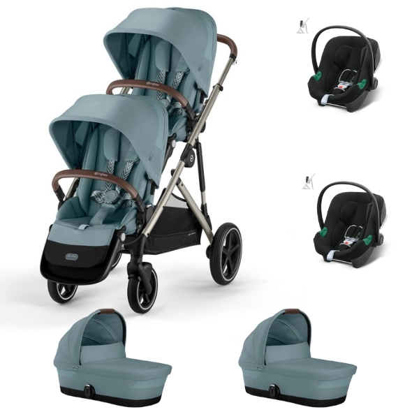 Poussette Double Cybex Gazelle S - Châssis Taupe + Nacelles - Sky Blue + Coques Auto Aton B2 - Volcano Black