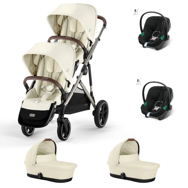 Poussette Double Cybex Gazelle S - Châssis Taupe + Nacelles - Seashell Beige + Coques Auto Aton B2 - Volcano Black