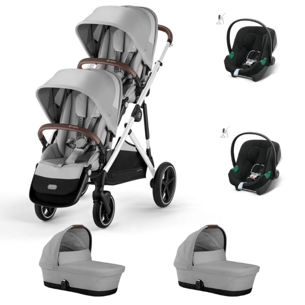 Poussette Double Cybex Gazelle S - Châssis Silver + Nacelles - Lava Grey + Coques Auto Aton B2 - Volcano Black