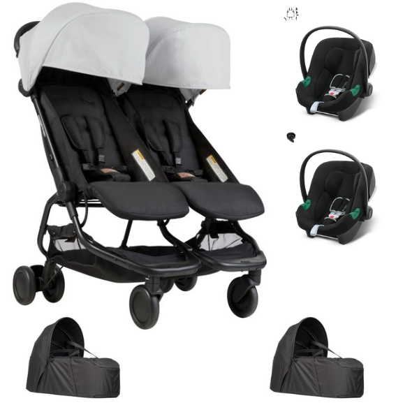 Poussette Double Mountain Buggy Nano Duo - Silver + 2 Cocoon V2 + 2 Coques Auto Cybex Aton B2 - Volcano Black