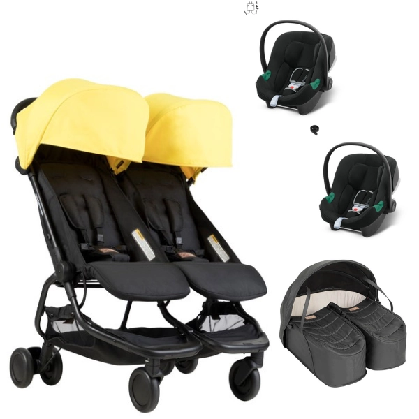 Poussette Double Mountain Buggy Nano Duo - Cyber + Cocoon Jumeaux + 2 Coques Cybex Aton B2 - Volcano Black