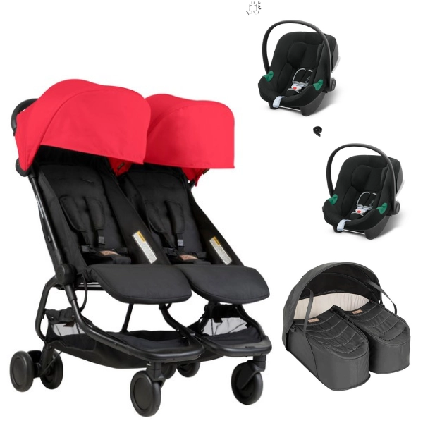 Poussette Double Mountain Buggy Nano Duo - Ruby + Cocoon Jumeaux + 2 Coques Cybex Aton B2 - Volcano Black