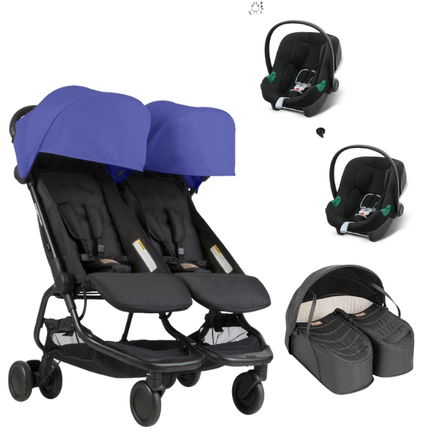 Poussette Double Mountain Buggy Nano Duo - Nautical + Cocoon Jumeaux + 2 Coques Cybex Aton B2 - Volcano Black