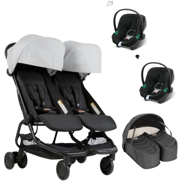 Poussette Double Mountain Buggy Nano Duo - Silver + Cocoon Jumeaux + 2 Coques Cybex Aton B2 - Volcano Black