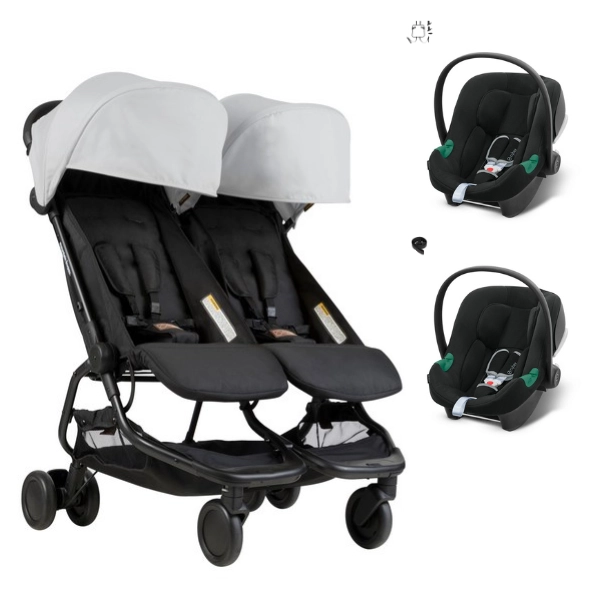 Poussette Double Mountain Buggy Nano Duo - Silver + 2 Coques Auto Cybex Aton B2 - Volcano B2