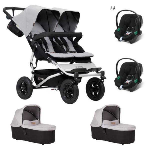 Poussette Double Mountain Buggy Duet V3.2 + 2 Nacelles Plus - Silver + 2 Coques Cybex Aton B2 - Volcano Black