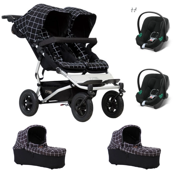 Poussette Double Mountain Buggy Duet V3.2 + 2 Nacelles Plus - Grid + 2 Coques Cybex Aton B2 - Volcano Black