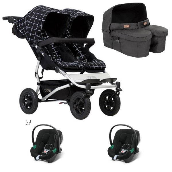 Poussette Double Mountain Buggy Duet V3.2 - Grid + Nacelle Jumeaux + 2 Coques Auto Cybex Aton B2 - Volcano Black