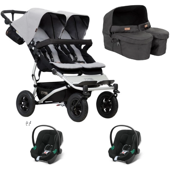 Poussette Double Mountain Buggy Duet V3.2 - Silver + Nacelle Jumeaux + 2 Coques Auto Cybex Aton B2 - Volcano Black