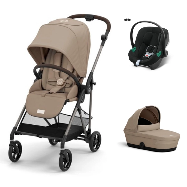 Poussette Cybex Melio 4 Châssis Taupe  + Nacelle - Almond Beige + Coque Auto Aton B2 i-Size - Volcano Black