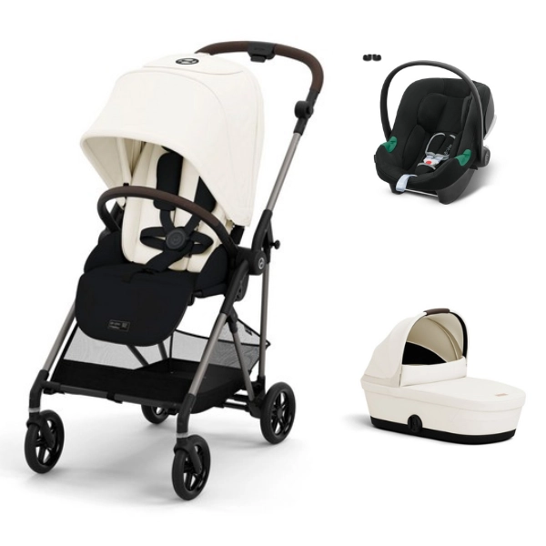 Poussette Cybex Melio 4 Châssis Taupe + Nacelle - Canvas White + Coque Auto Aton B2 i-Size - Volcano Black