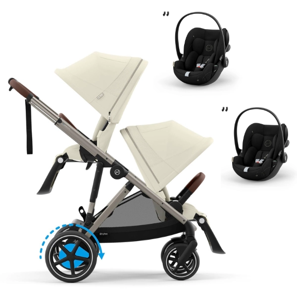 Poussette Double Cybex eGazelle S - Châssis Taupe/ Assises Seashell Beige + Coques Auto Cloud G i-Size - Moon Black