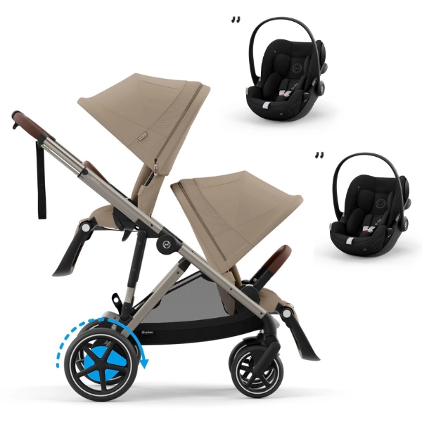 Poussette Double Cybex eGazelle S - Châssis Taupe/ Assises Almond Beige + Coques Auto Cloud G i-Size - Moon Black