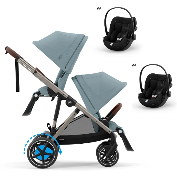 Poussette Double Cybex eGazelle S - Châssis Taupe/ Assises Sky Blue + Coques Auto Cloud G i-Size - Moon Black