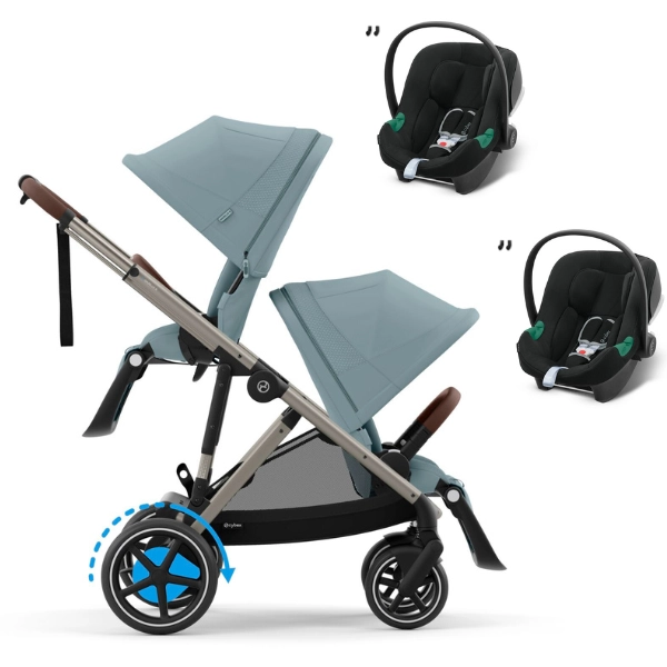 Poussette Double Cybex eGazelle S - Châssis Taupe/ Assise Sky Blue + Coques Auto Aton B2 i-Size - Volcano Black