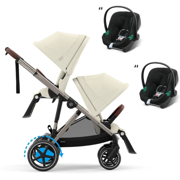 Poussette Double  Cybex eGazelle S - Châssis Taupe/ Assise Seashell Beige + Coques Auto Aton B2 i-Size - Volcano Black