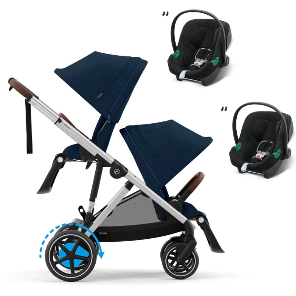 Poussette Double Cybex eGazelle S - Châssis Silver/ Assise Ocean Blue + Coques Auto Aton B2 i-Size - Volcano Black