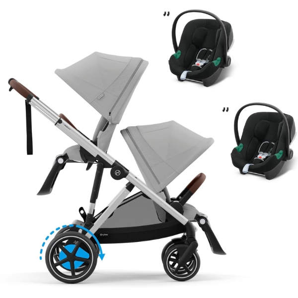 Poussette Double Cybex eGazelle S - Châssis Silver/ Assise Lava Grey + Coques Auto Aton B2 i-Size - Volcano Black