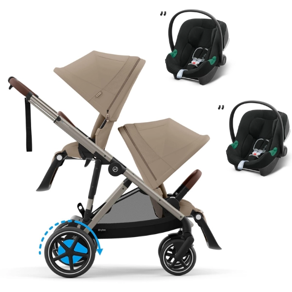 Poussette Double Cybex eGazelle S - Châssis Taupe/ Assise Almond Beige + Coques Auto Aton B2 i-Size - Volcano Black