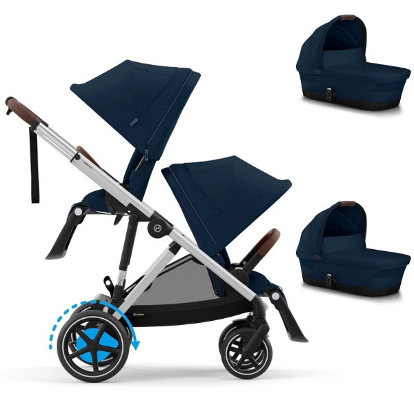 Poussette Double Cybex eGazelle S - Châssis Silver + Nacelles - Ocean Blue