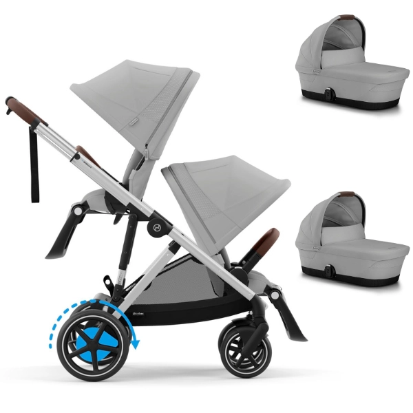 Poussette Double Cybex eGazelle S - Châssis Silver + Nacelles - Lava Grey