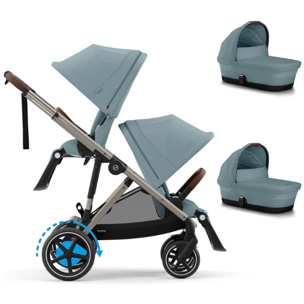 Poussette Double Cybex eGazelle S - Châssis Taupe + Nacelles - Sky Blue