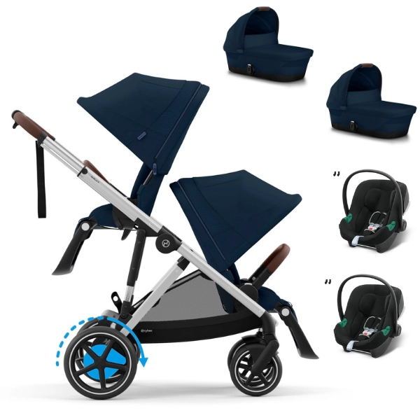 Poussette Cybex eGazelle S - Châssis Silver + Nacelles - Ocean Blue + Coques Auto Aton B2 i-Size - Volcano Black