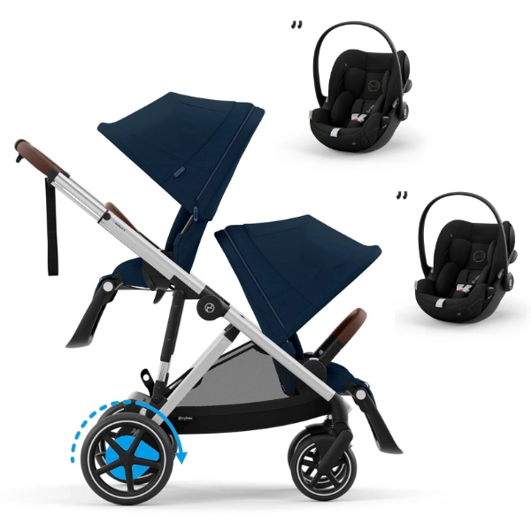 Poussette Double Cybex eGazelle S - Châssis Silver/ Assises Ocean Blue + Coques Auto Cloud G i-Size - Moon Black