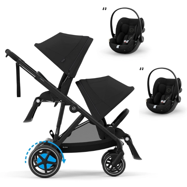 Poussette Double Cybex eGazelle S - Châssis Black/ Assises Moon Black + Coques Auto Cloud G i-Size - Moon Black