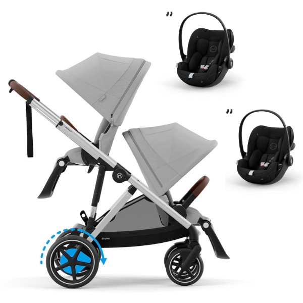 Poussette Double Cybex eGazelle S - Châssis Silver/ Assises Lava Grey + Coques Auto Cloud G i-Size - Moon Black