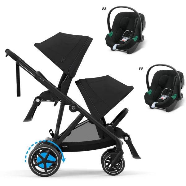 Poussette Double Cybex eGazelle S - Châssis Black/ Assise Moon Black + Coques Auto Aton B2 i-Size - Volcano Black