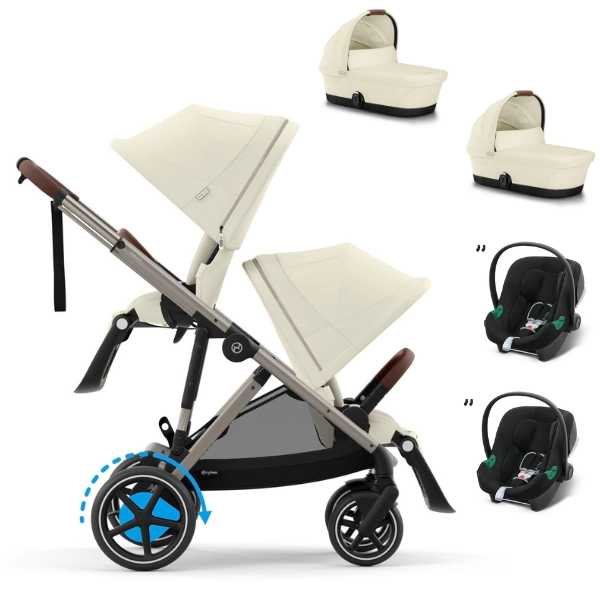 Poussette Cybex eGazelle S - Châssis Taupe + Nacelles - Seashell Beige + Coques Auto Aton B2 i-Size - Volcano Black