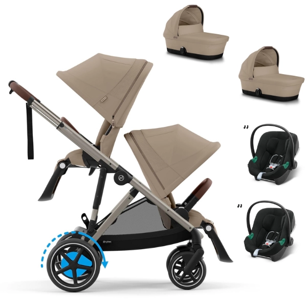 Poussette Cybex eGazelle S - Châssis Taupe + Nacelles - Almond Beige + Coques Auto Aton B2 i-Size - Volcano Black