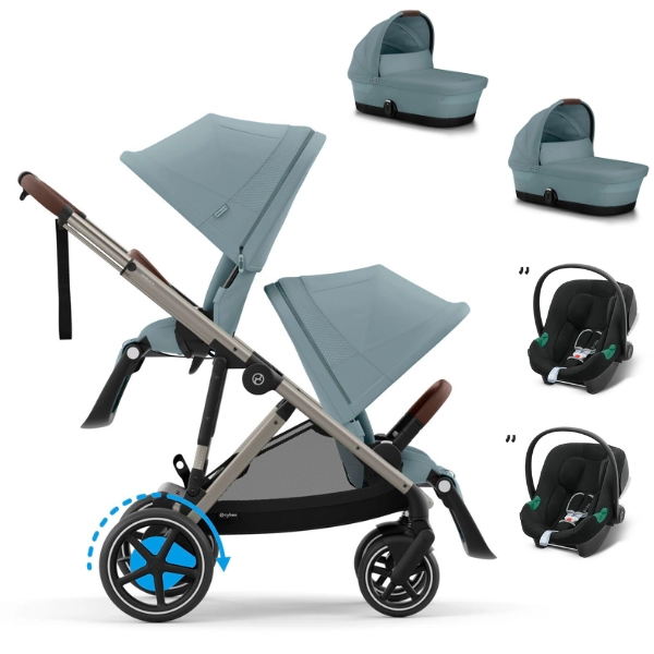 Poussette Cybex eGazelle S - Châssis Taupe + Nacelles - Sky Blue + Coques Auto Aton B2 i-Size - Volcano Black