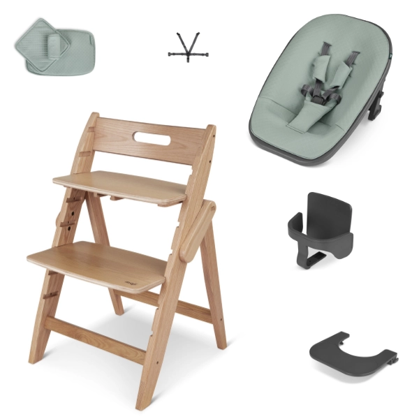 Set All in One Moji Chaise-Haute Yippy - Oak + Assise Nouveau-Né - Mint + Accessoires (Reconditionné)