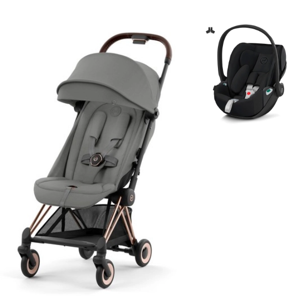 Poussette Cybex Coya Châssis Rosegold - Mirage Grey + Coque Auto Cloud T i-Fix - Sepia Black (2023)