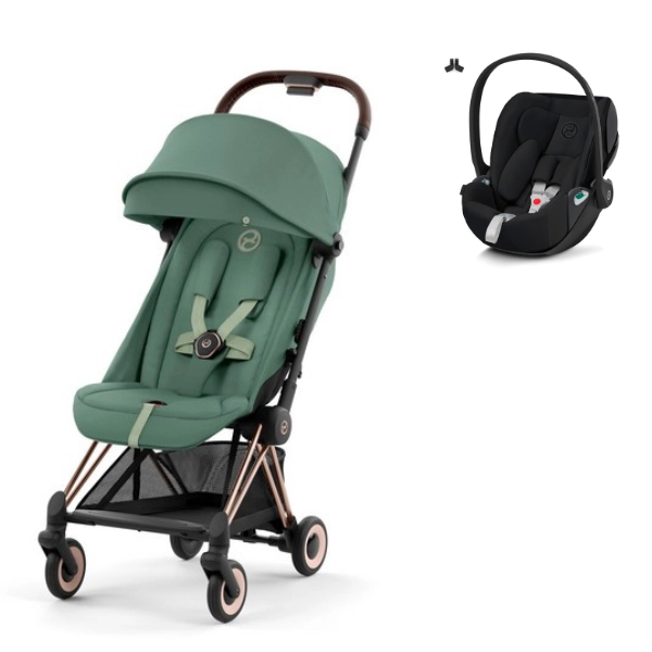 Poussette Cybex Coya Châssis Rosegold - Leaf Green + Coque Auto Cloud T i-Fix - Sepia Black (2023)